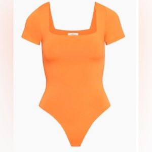 Aritzia Babaton Square Neck Contour Thong Bodysuit in Bright Tangerine Medium